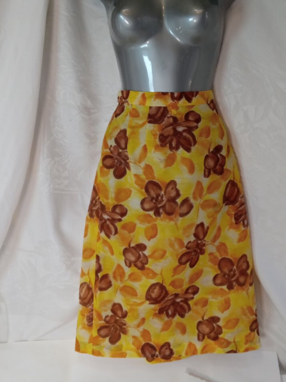 Vtg 60s XL Handmade Skirt Floral Flower Brown Yellow Cottagecore Grandmacore